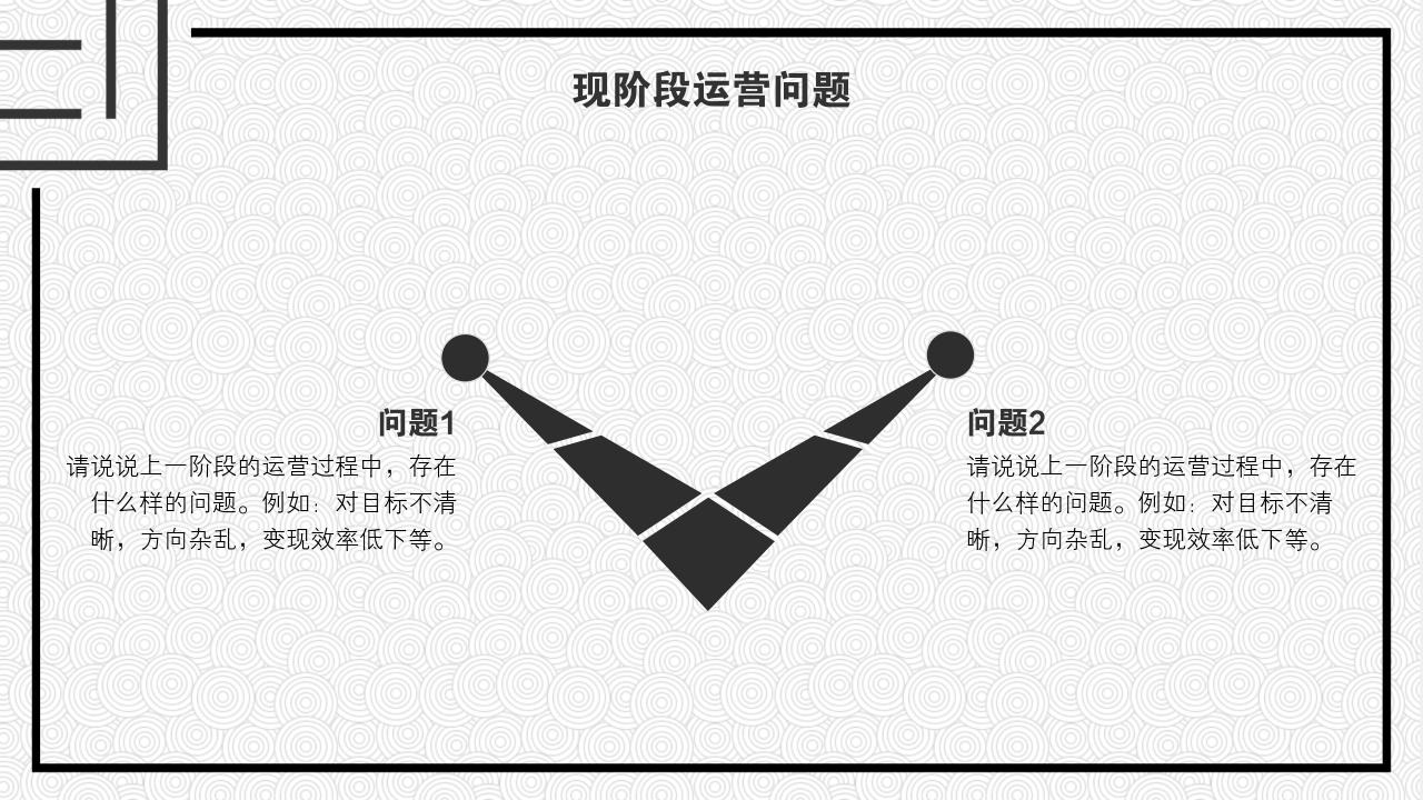 黑白圆圈底纹项目运营方案PPT模版-现阶段运营问题