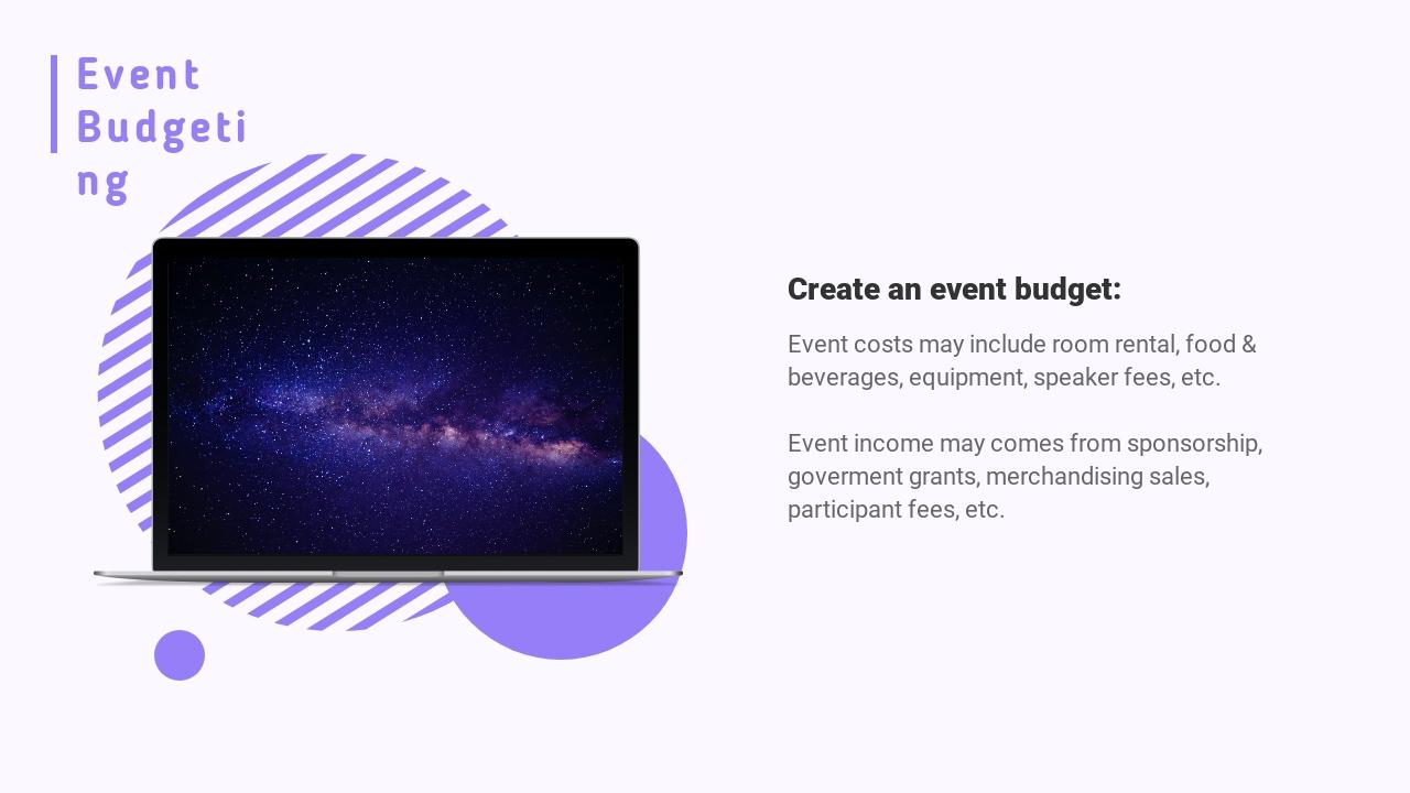 紫色微粒体通用活动方案PPT模板-Event Budgeting