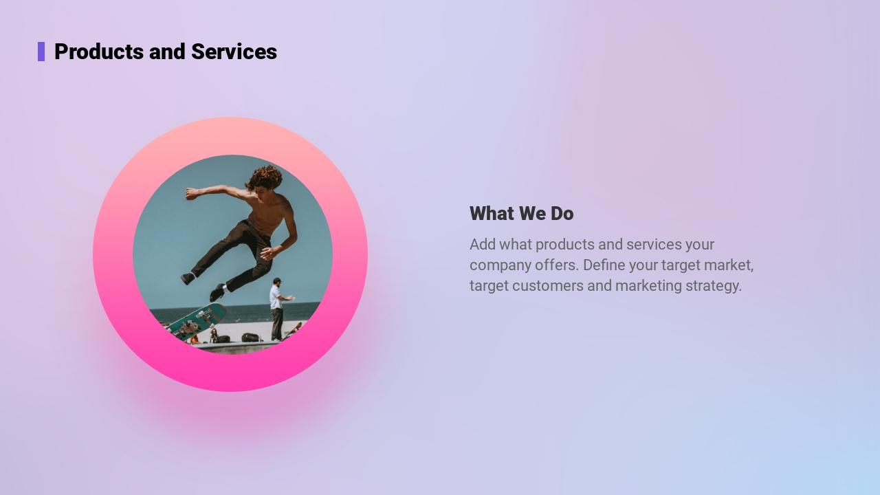 粉紫色渐变体育运功器械产品公司介绍PPT-Products and Services<br>